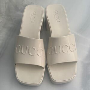 Gucci White Embossed Logo Slide Mules